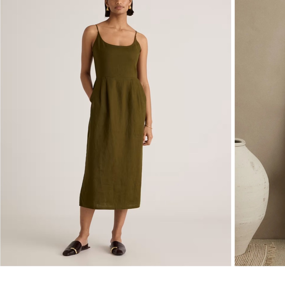 Quince Olive Green scoop neck linen Midi Dress